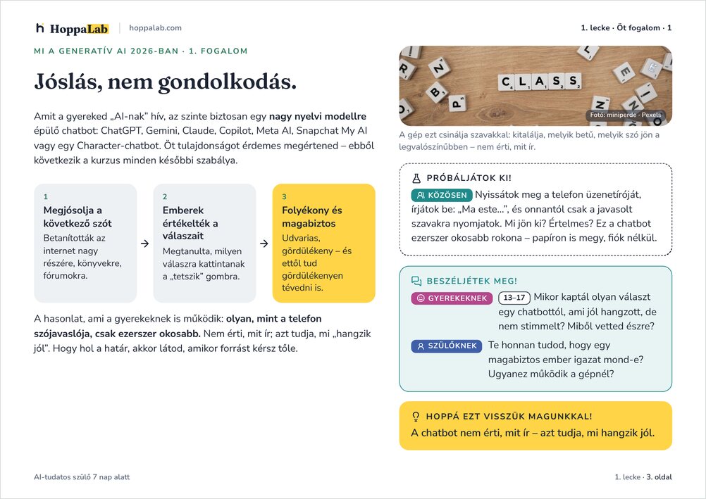 A füzet 3. oldala: „Jóslás, nem gondolkodás” – a nyelvi modell három lépése, közös próbával.