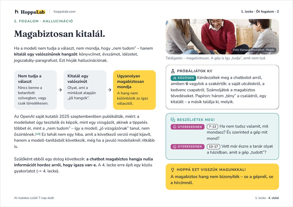 A füzet 4. oldala: „Magabiztosan kitalál” – a hallucináció menete és egy páros feladat.
