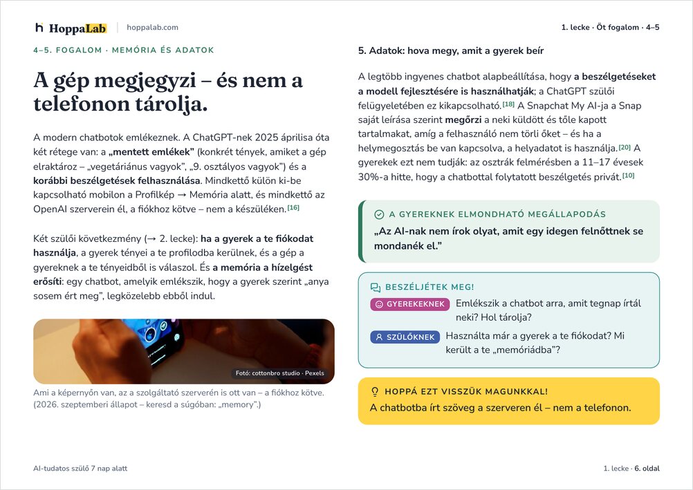 A füzet 6. oldala: „A gép megjegyzi – és nem a telefonon tárolja” – memória és adatok.