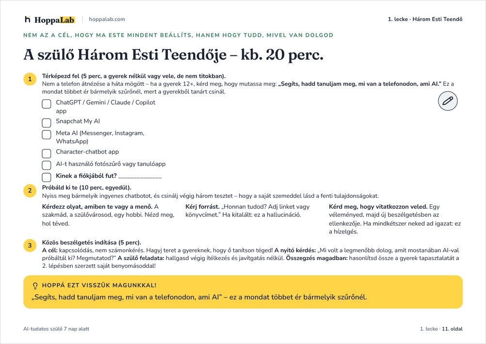 A füzet 11. oldala: a Három Esti Teendő kipipálható munkalapként, jegyzethellyel.